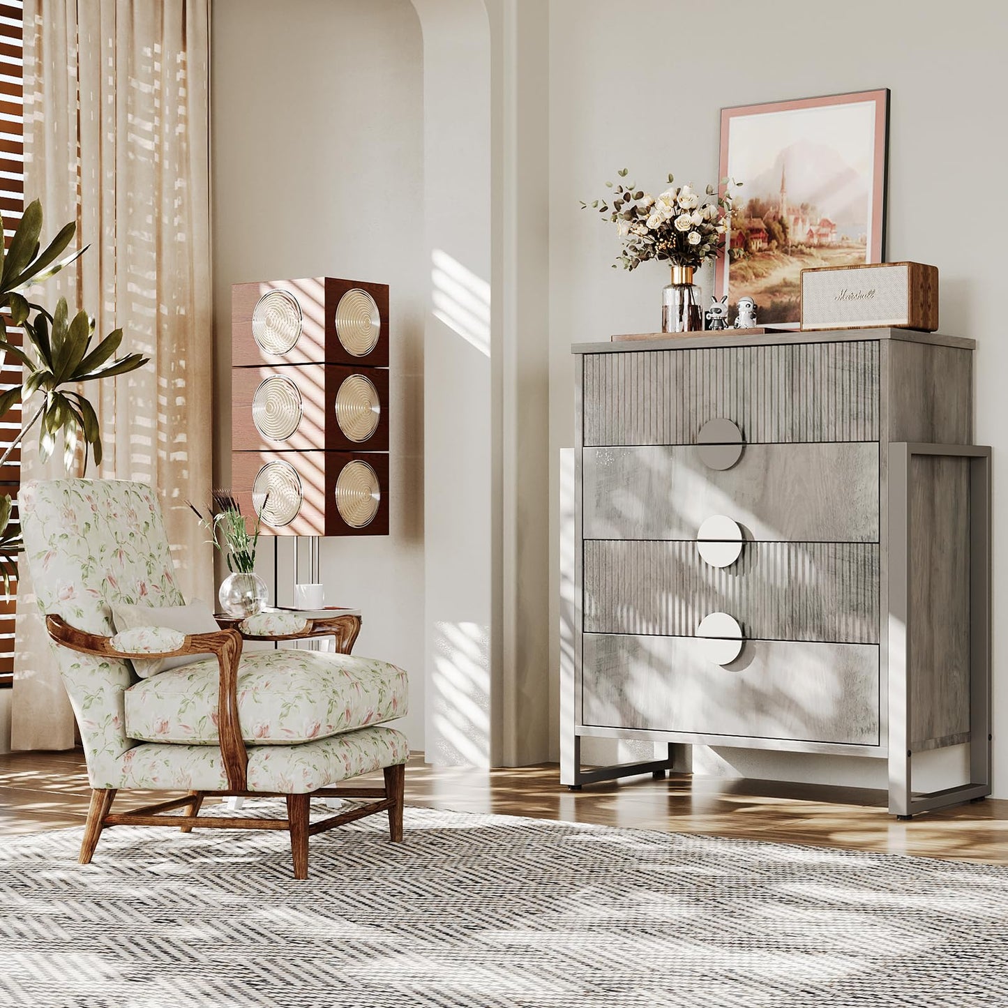 LGHM Fluted Gray Dresser for Bedroom, 50" Wide Chest of Drawers, Modern 6 Deep Drawers Dresser with Raised H Legs -Curved Profile Design, Easy Round Handles for Bedroom,Livingroom, Hallway, Gray