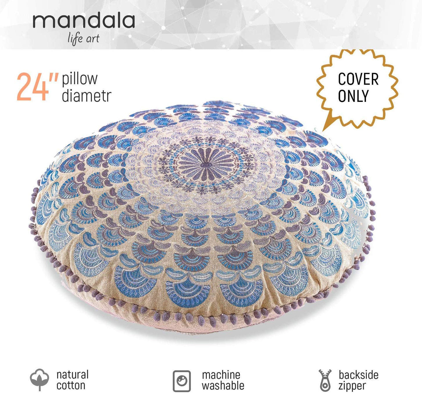 Large Round Floor Pillow Cover Blue Indian Décorative Accent Meditation Cushion Perfect for Living Room, Bedroom, Nursary or Children Room Seating Area Stool Footstool Pouf Ottoman 24x8 Unstuffed