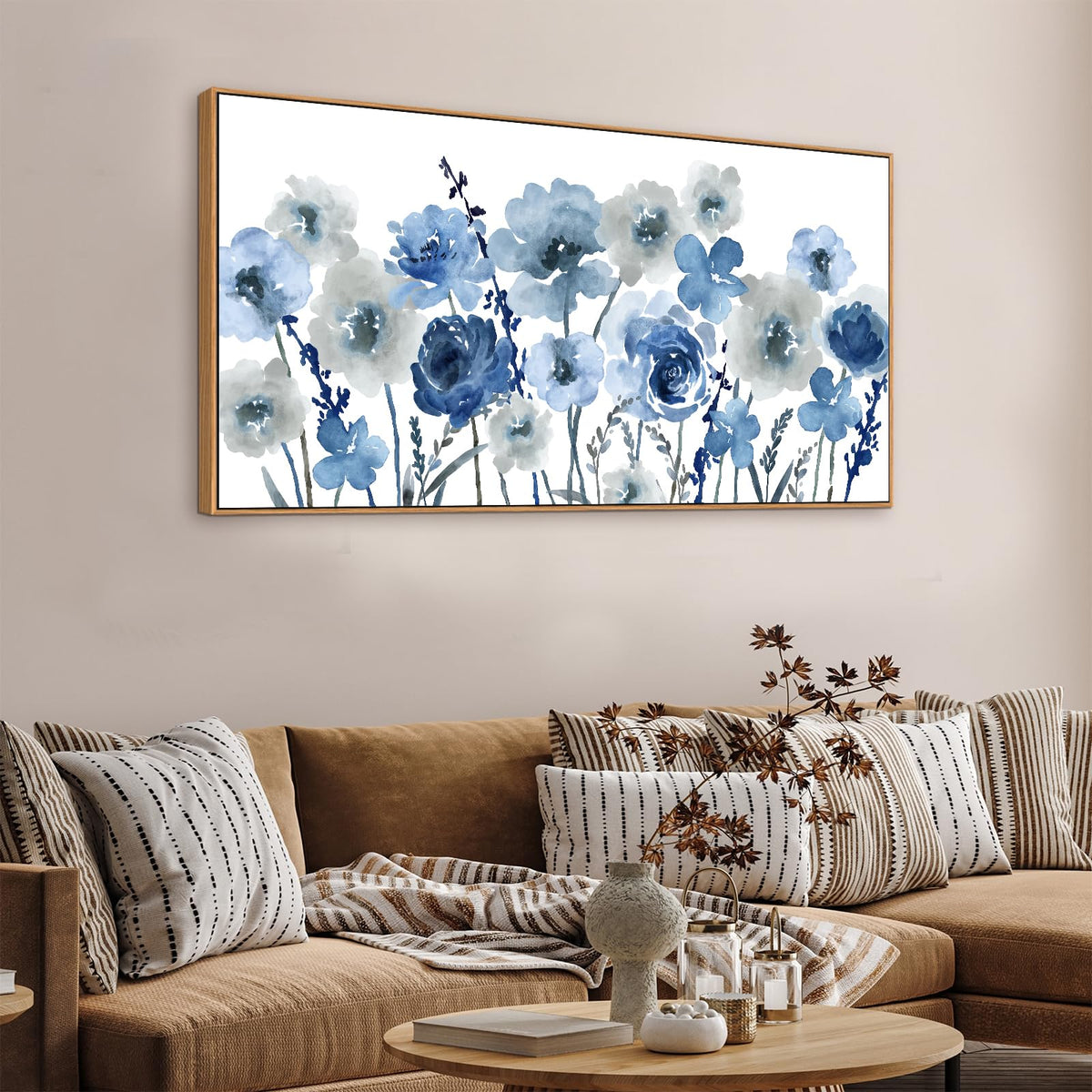 VEAEE Teal Framed Abstract Wall Art - Turquoise Green Colorful Modern Canvas Pictures, Living Room Wall Decor, Contemporary Landscape Painting Prints for Bedroom Bathroom Office Decor 20" x 40"