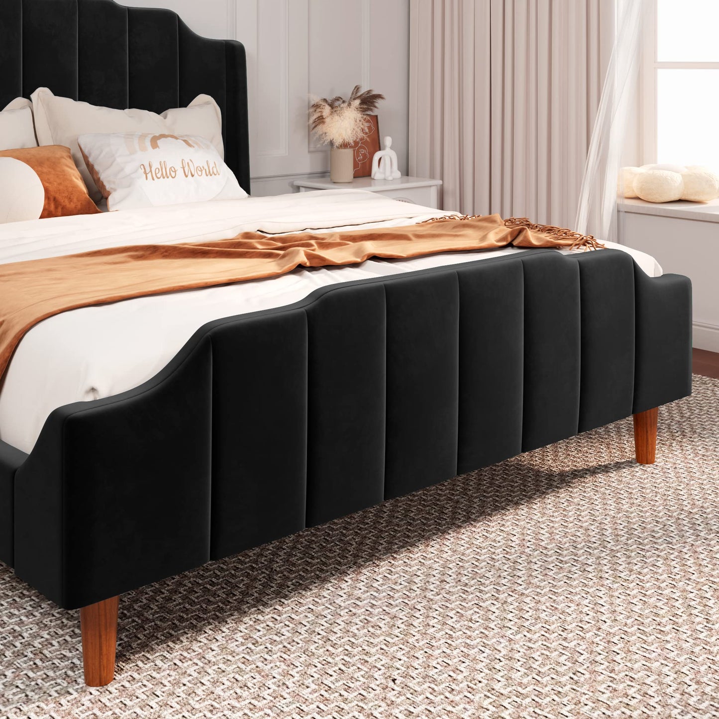 Allewie Queen Size Velvet Bed Frame Upholstered Platform Bed with Vertical Headboard and Footboard, Solid Wood Leg and Strong Slats Support, No Box Spring Needed, Easy Assembly, Blue