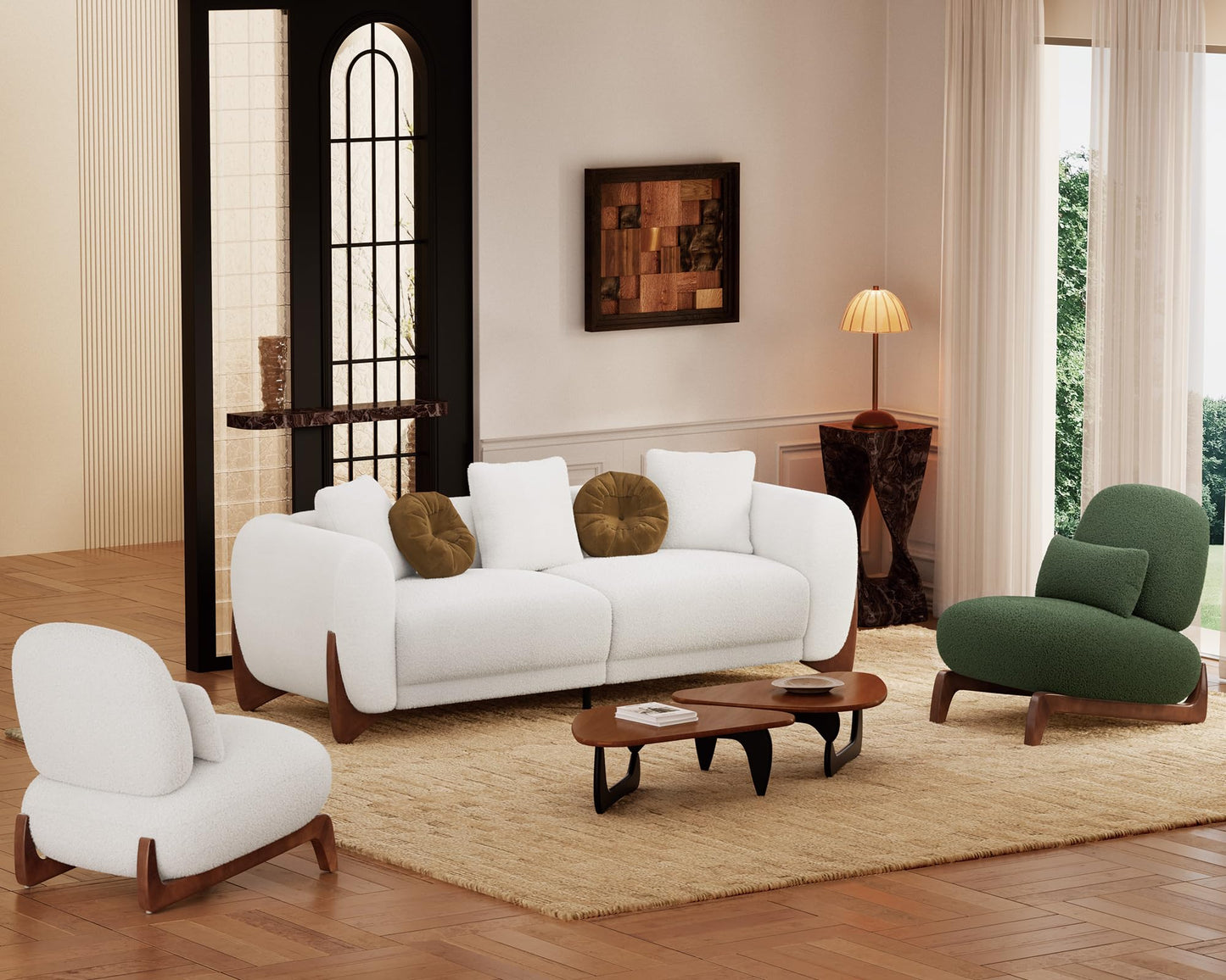 Morden Fort Modern Cloud Couch - 3 Seater Sherpa Boucle Sofa with Wood Legs, Ultra-Thick High Resilience Cushion with 3 Matching Pillows Upholstered Comfy Couch Sofa for Living Room - Off White