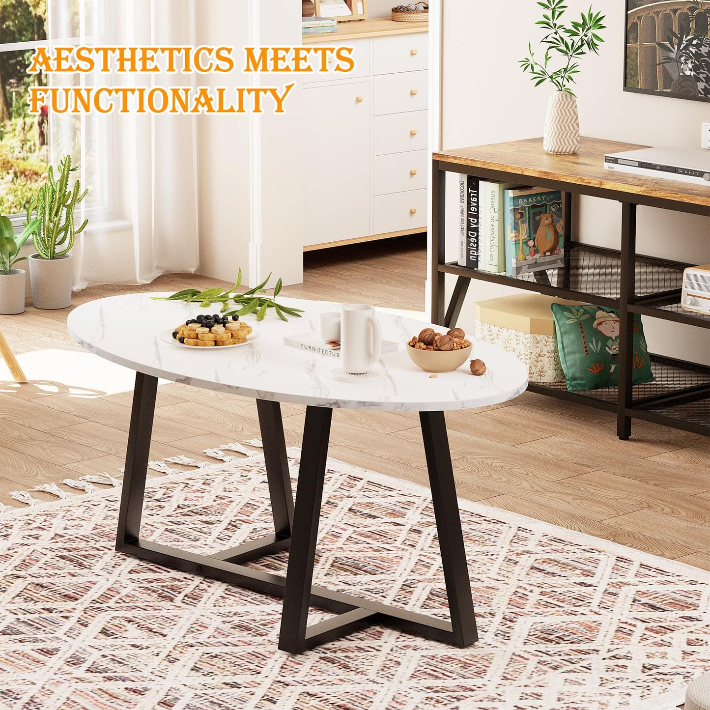 Coffee Table White Faux Marble Coffee Table for Living Room,Oval Center Tables Modern Tea Table for Small Space,Wooden Living Room Tables End Table with Sturdy Gold Metal Leg