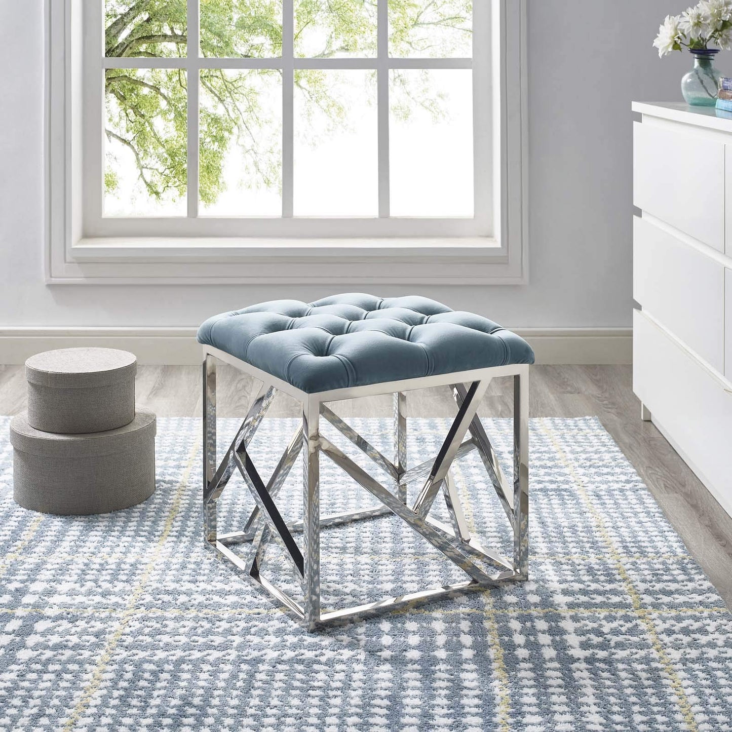 Modway intersperse Button-Tufted Contemporary Modern with Metallic Frame, Bench, Silver Gray