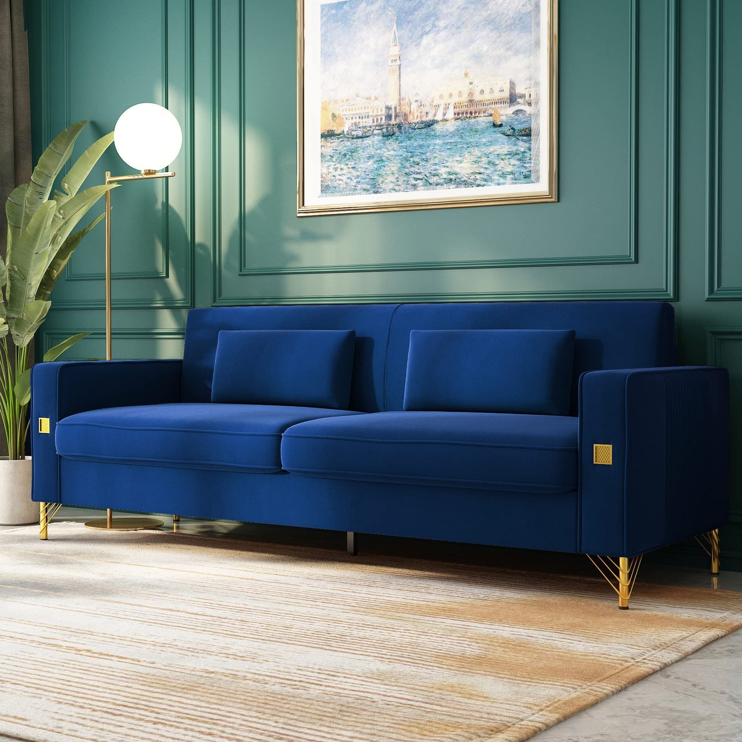 85.63" Velvet Sofa,Modern Loveseat Couch with Pillows Set of 2 for Living Room,Bedroom,Apartment Furniture with Gold Metal Legs (Green)