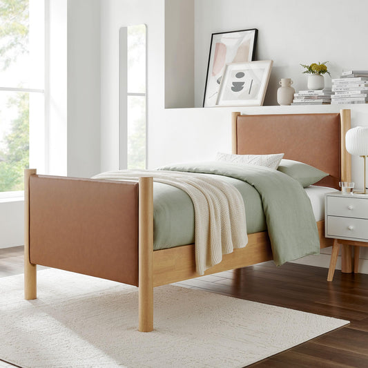Modway Maven King Size Bed Frame in Tan Walnut with Faux Leather Upholstered Headboard and Footboard – Wood King Platform Bed Frame – No Box Spring Needed