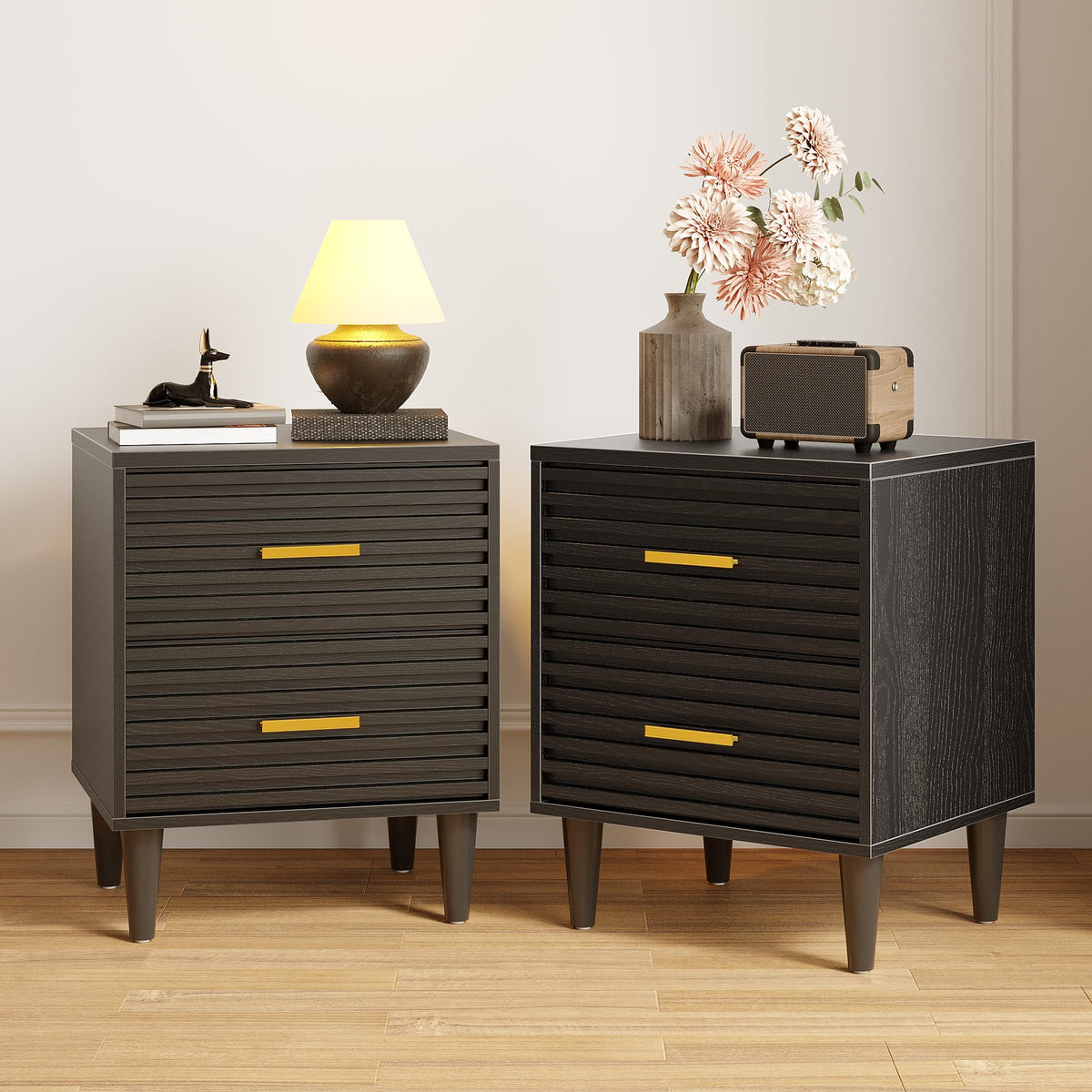 Alohappy Nightstands Set of 2, Mid Century Modern Night Stands, Fluted Bedside Table for Bedroom, Side End Table with Storage Drawers, Vintage Wood Accent Table for Living Room, Brown 2pcs