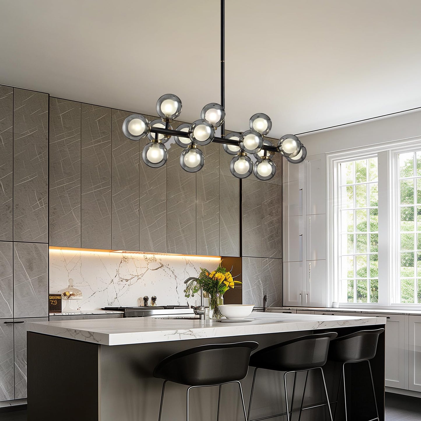 CROSSIO Modern Linear Chandeliers Black 16 Lights Pendant Light Fixtures Bubble Glass Chandelier Mid Century Sputnik Chandelier for Kitchen Island Dining Room