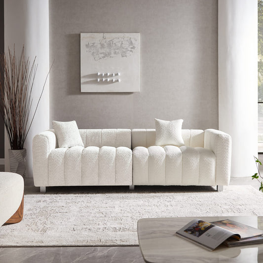 87.4" Modern 3 Seater Boucle Sofa Couch for Living Room, Mid Century Fluffy Couches with Solid Wood Frame and 6 Legs for Bedroom, Apartment, Weight Capacity 750 LBS (White)