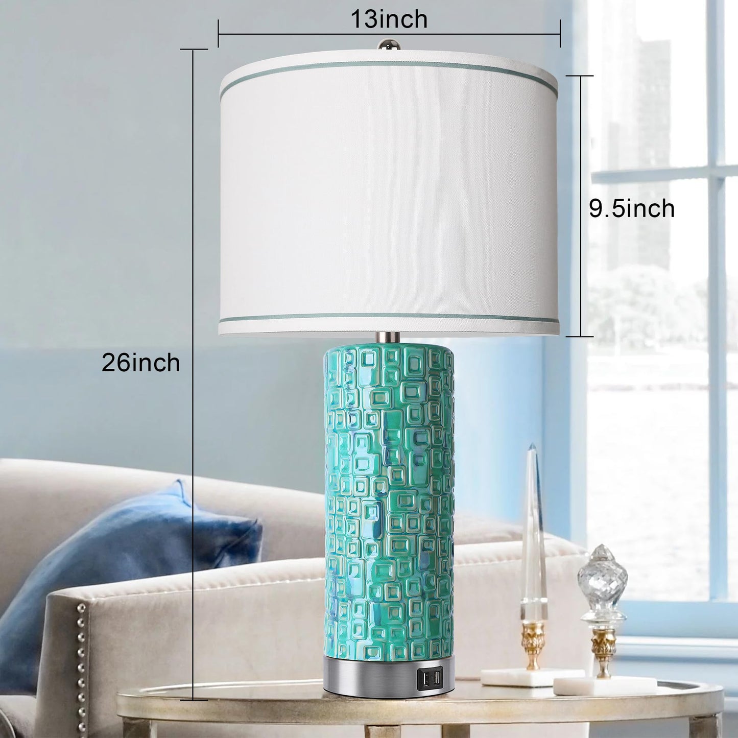 CeramicTable Lamps Set of 2 Lamps for Bedroom Living Room Office 26" Rotary Coastal Bedside Lamp for Nightstand with 2 USB Ports 3-Colors