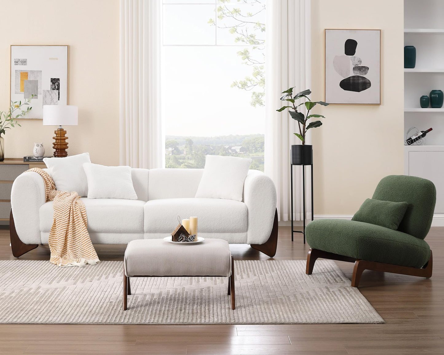 Morden Fort Modern Cloud Couch - 3 Seater Sherpa Boucle Sofa with Wood Legs, Ultra-Thick High Resilience Cushion with 3 Matching Pillows Upholstered Comfy Couch Sofa for Living Room - Off White