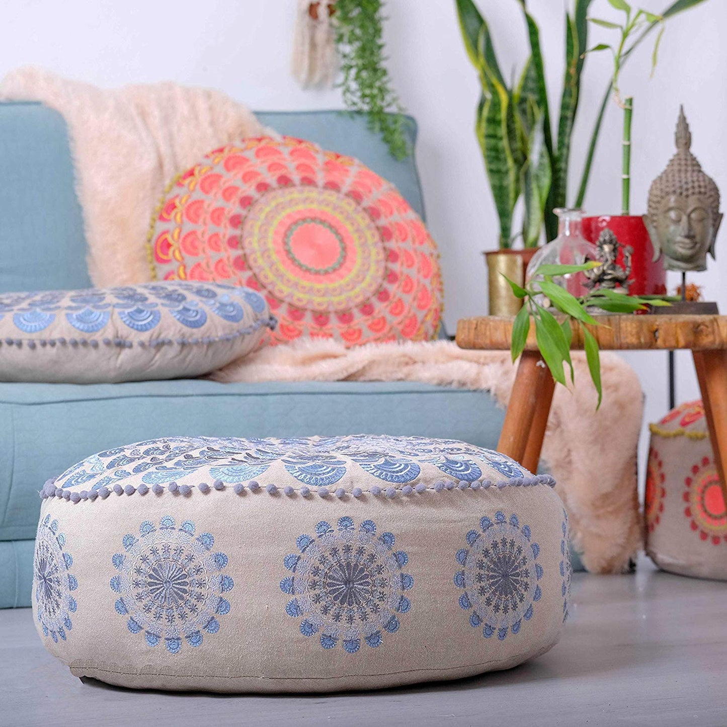 Large Round Floor Pillow Cover Blue Indian Décorative Accent Meditation Cushion Perfect for Living Room, Bedroom, Nursary or Children Room Seating Area Stool Footstool Pouf Ottoman 24x8 Unstuffed