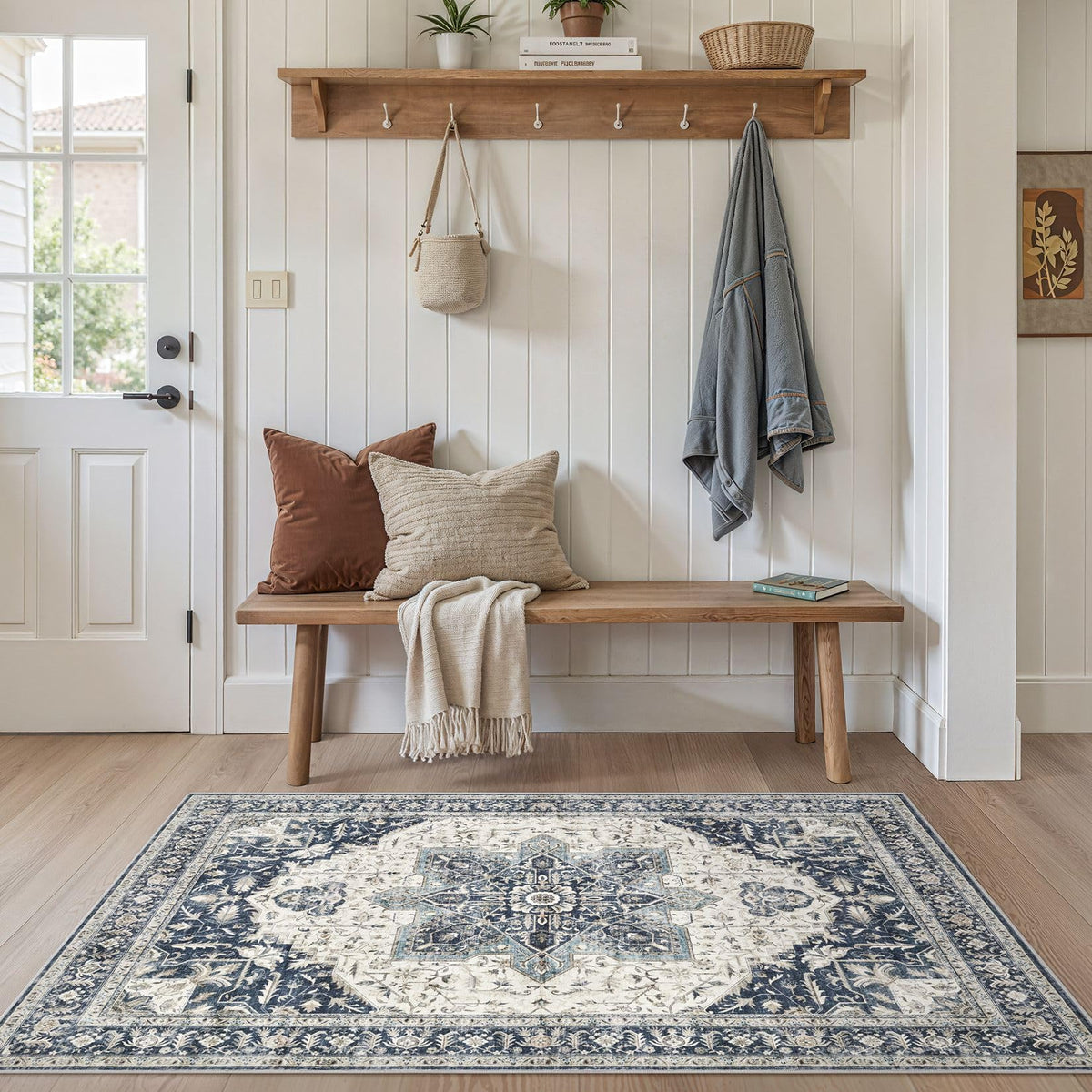 Tortania Area Rug Living Room Rugs - 9x12 Washable Boho Rug Vintage Oriental Distressed Farmhouse Large Thin Indoor Carpet for Living Room Bedroom Under Dining Table Home Office - Salmon/Azure