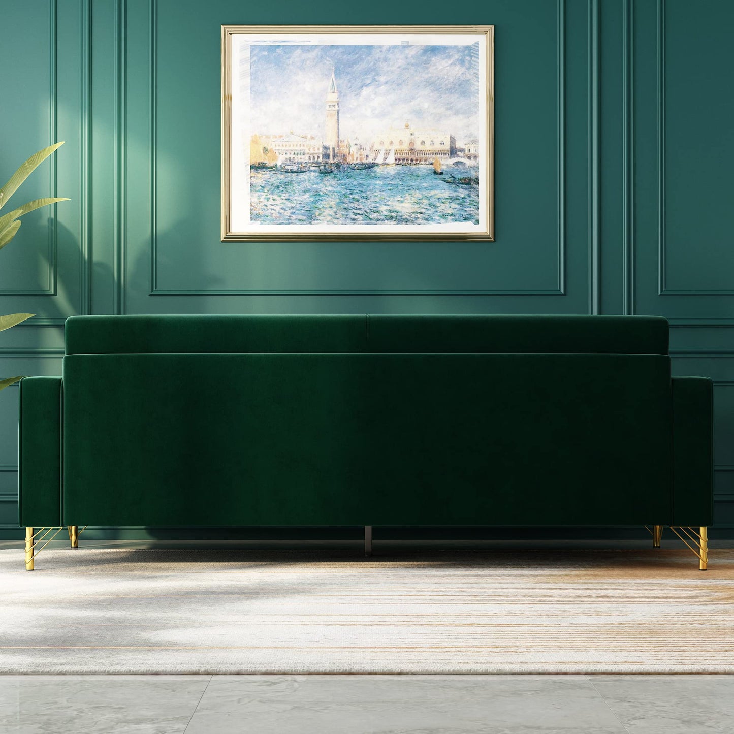 85.63" Velvet Sofa,Modern Loveseat Couch with Pillows Set of 2 for Living Room,Bedroom,Apartment Furniture with Gold Metal Legs (Green)