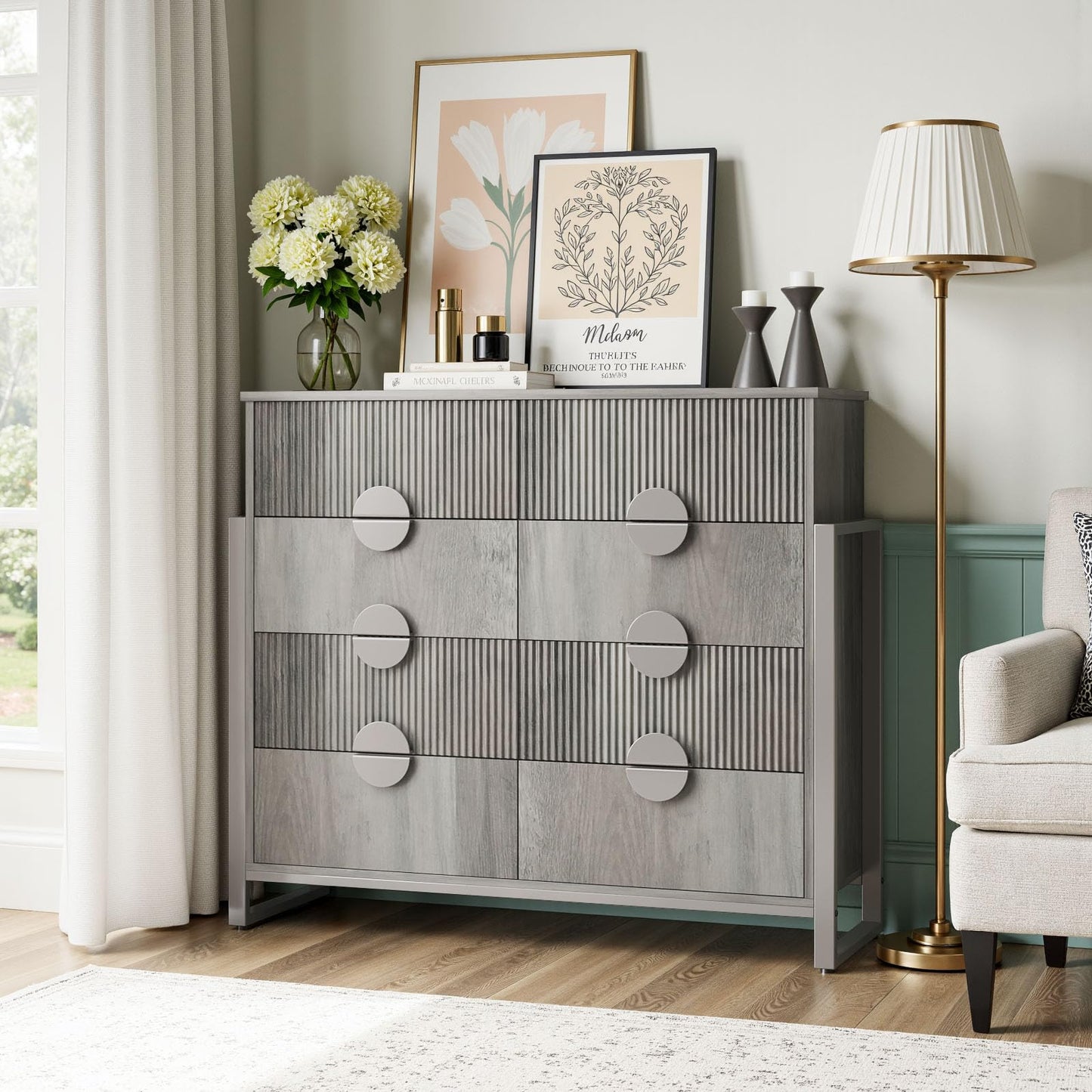 LGHM Fluted Gray Dresser for Bedroom, 50" Wide Chest of Drawers, Modern 6 Deep Drawers Dresser with Raised H Legs -Curved Profile Design, Easy Round Handles for Bedroom,Livingroom, Hallway, Gray