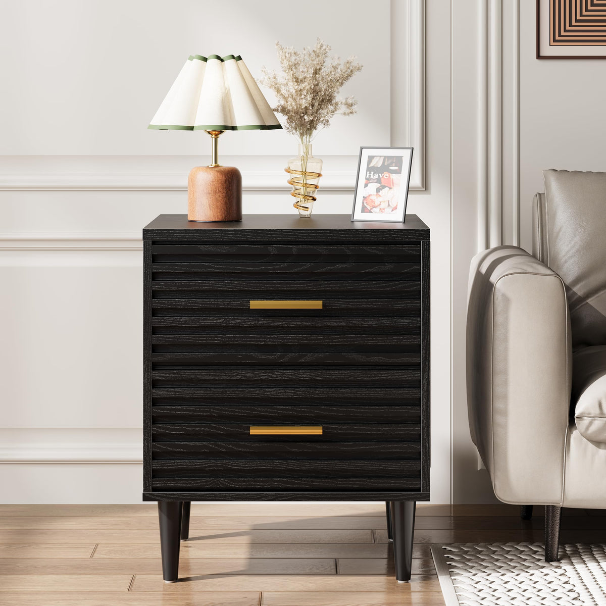Alohappy Nightstands Set of 2, Mid Century Modern Night Stands, Fluted Bedside Table for Bedroom, Side End Table with Storage Drawers, Vintage Wood Accent Table for Living Room, Brown 2pcs