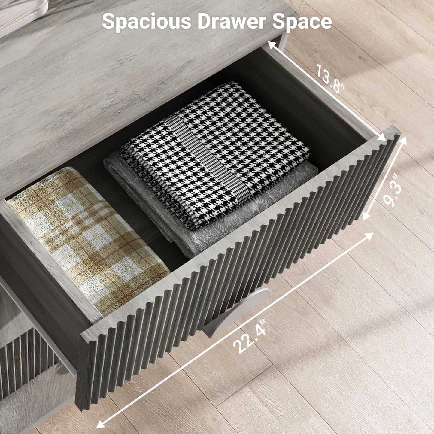 LGHM Fluted Gray Dresser for Bedroom, 50" Wide Chest of Drawers, Modern 6 Deep Drawers Dresser with Raised H Legs -Curved Profile Design, Easy Round Handles for Bedroom,Livingroom, Hallway, Gray