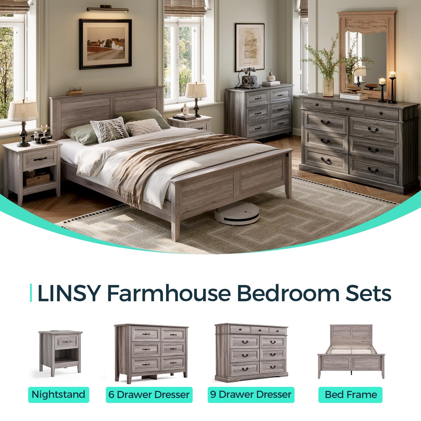 LINSY Wood Full Size Bed Frame with High Headboard, Farmhouse Bed Frame Full, Wood Bed Noise-Free, No Box Spring Needed - Grey
