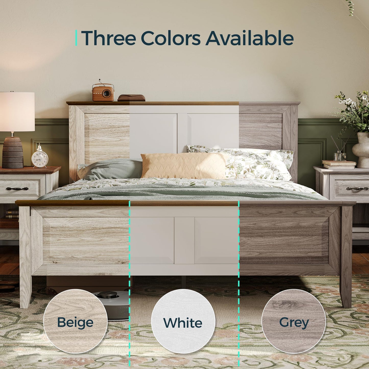 LINSY Wood Full Size Bed Frame with High Headboard, Farmhouse Bed Frame Full, Wood Bed Noise-Free, No Box Spring Needed - Grey