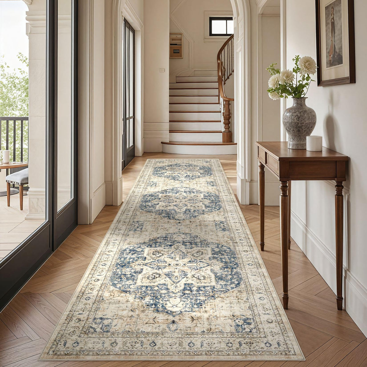 Tortania Area Rug Living Room Rugs - 9x12 Washable Boho Rug Vintage Oriental Distressed Farmhouse Large Thin Indoor Carpet for Living Room Bedroom Under Dining Table Home Office - Salmon/Azure