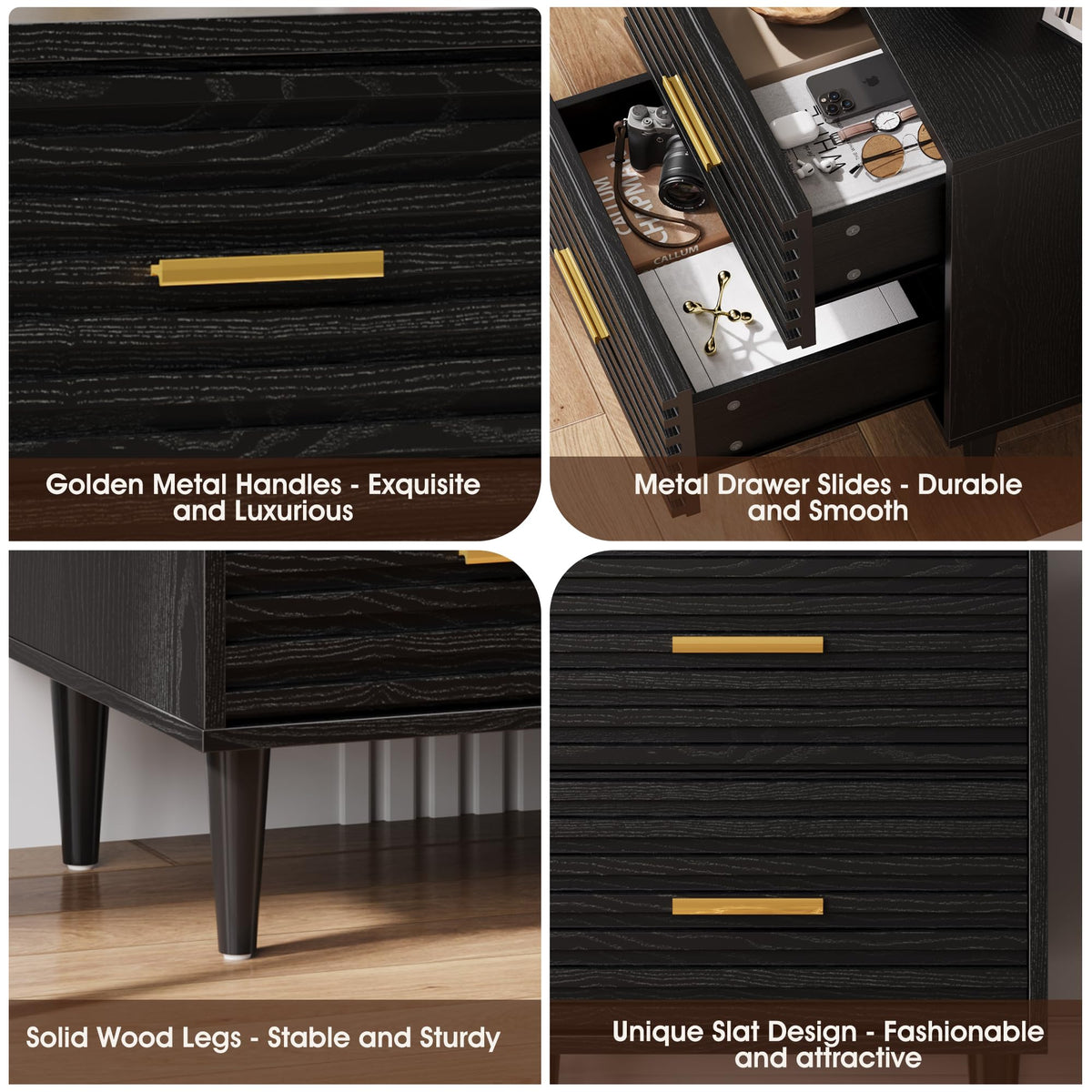 Alohappy Nightstands Set of 2, Mid Century Modern Night Stands, Fluted Bedside Table for Bedroom, Side End Table with Storage Drawers, Vintage Wood Accent Table for Living Room, Brown 2pcs