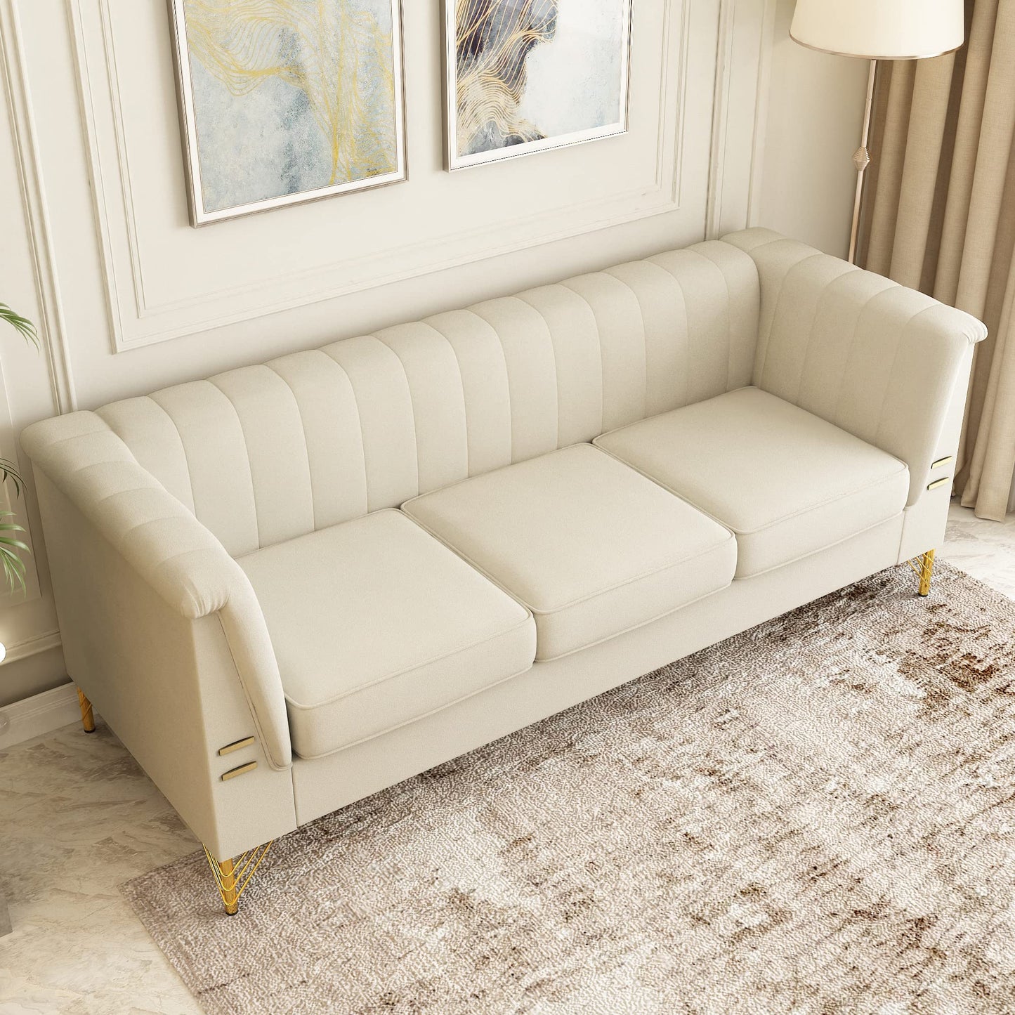 85.63" Velvet Sofa,Modern Loveseat Couch with Pillows Set of 2 for Living Room,Bedroom,Apartment Furniture with Gold Metal Legs (Green)
