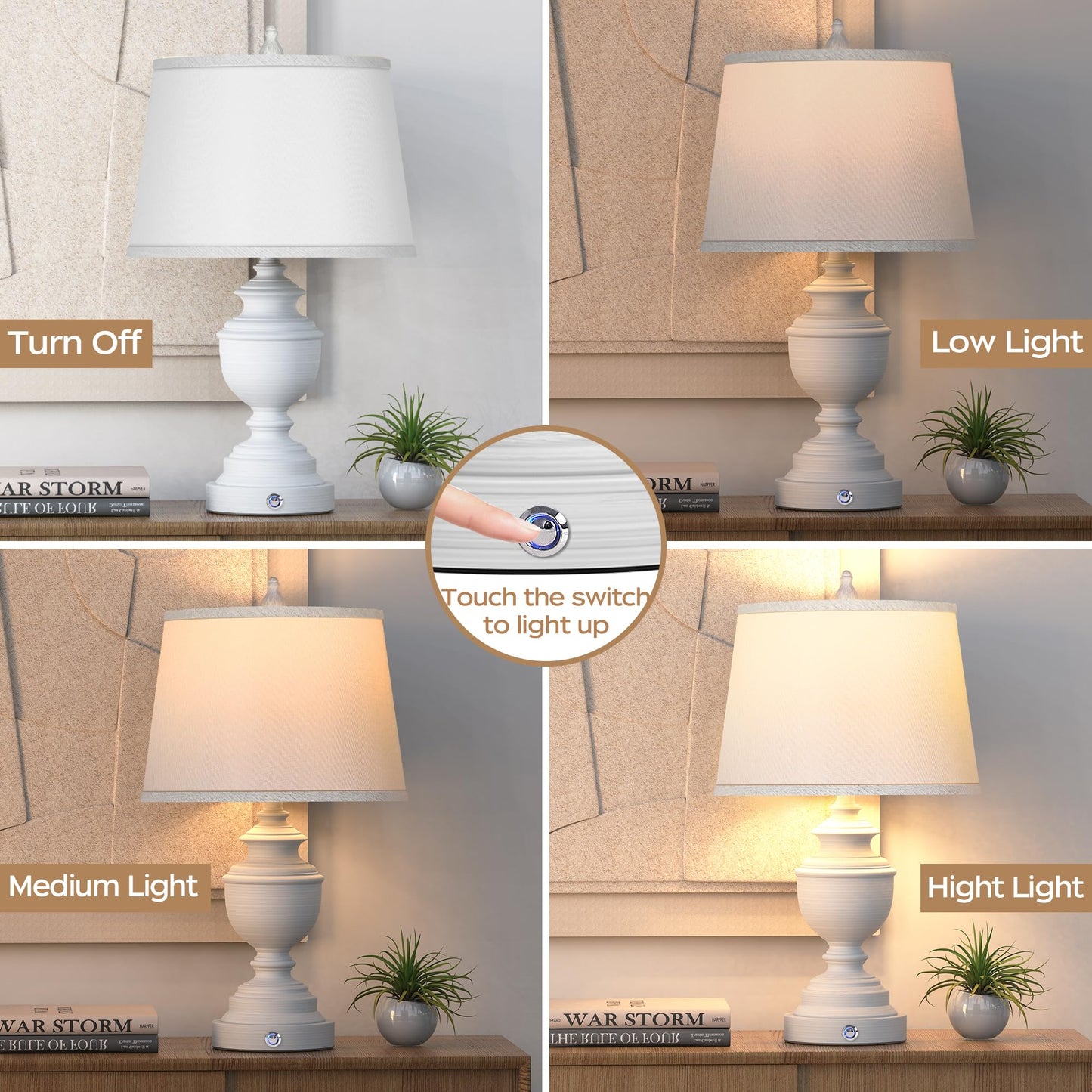 CeramicTable Lamps Set of 2 Lamps for Bedroom Living Room Office 26" Rotary Coastal Bedside Lamp for Nightstand with 2 USB Ports 3-Colors