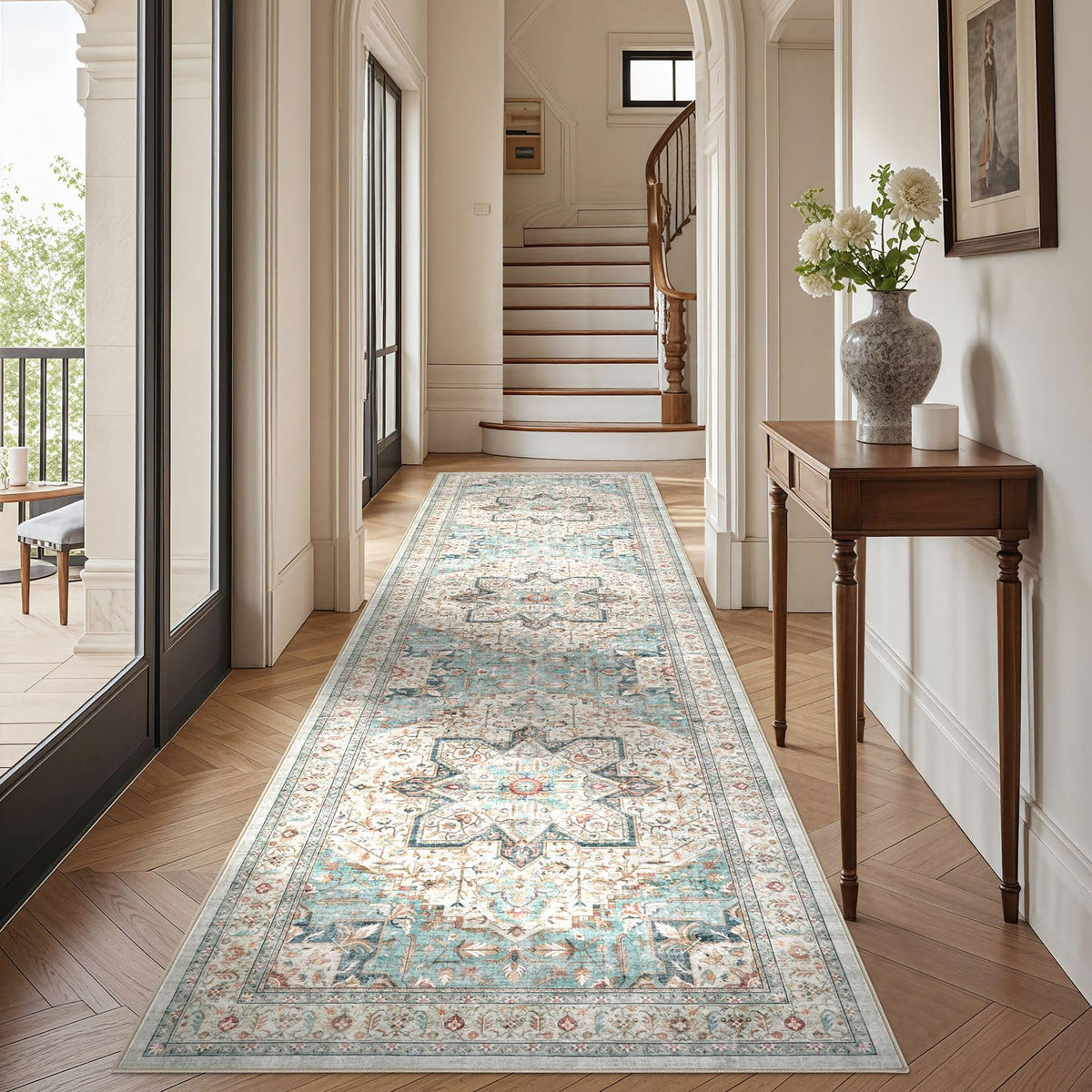 Tortania Area Rug Living Room Rugs - 9x12 Washable Boho Rug Vintage Oriental Distressed Farmhouse Large Thin Indoor Carpet for Living Room Bedroom Under Dining Table Home Office - Salmon/Azure