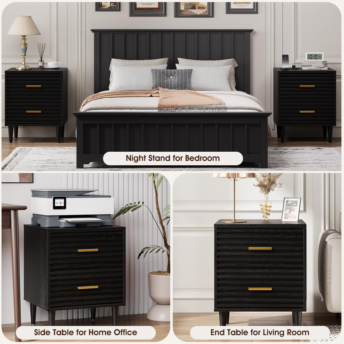 Alohappy Nightstands Set of 2, Mid Century Modern Night Stands, Fluted Bedside Table for Bedroom, Side End Table with Storage Drawers, Vintage Wood Accent Table for Living Room, Brown 2pcs