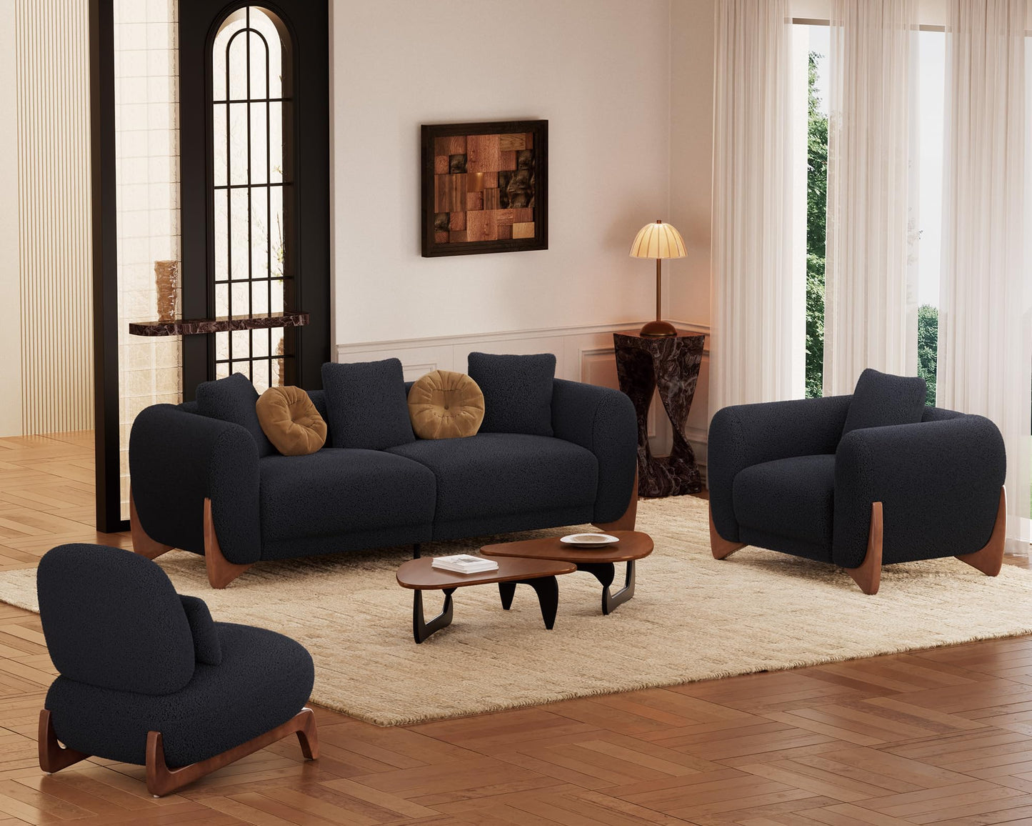 Morden Fort Modern Cloud Couch - 3 Seater Sherpa Boucle Sofa with Wood Legs, Ultra-Thick High Resilience Cushion with 3 Matching Pillows Upholstered Comfy Couch Sofa for Living Room - Off White