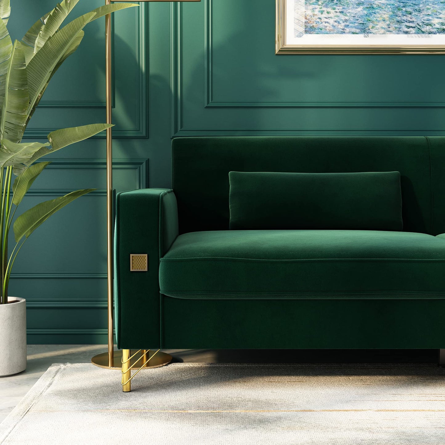 85.63" Velvet Sofa,Modern Loveseat Couch with Pillows Set of 2 for Living Room,Bedroom,Apartment Furniture with Gold Metal Legs (Green)