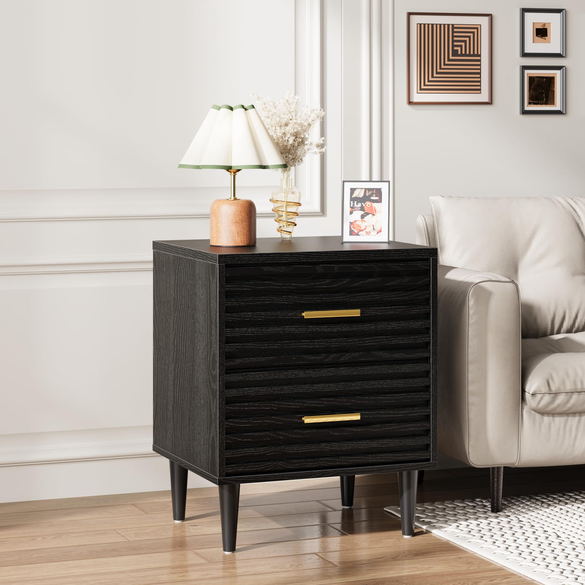 Alohappy Nightstands Set of 2, Mid Century Modern Night Stands, Fluted Bedside Table for Bedroom, Side End Table with Storage Drawers, Vintage Wood Accent Table for Living Room, Brown 2pcs