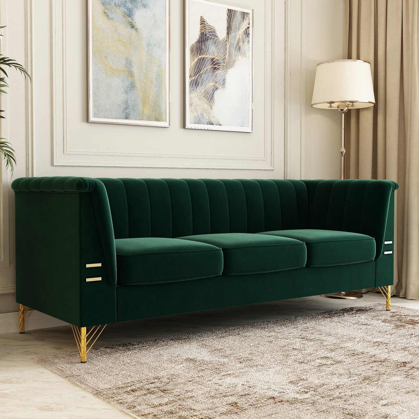 85.63" Velvet Sofa,Modern Loveseat Couch with Pillows Set of 2 for Living Room,Bedroom,Apartment Furniture with Gold Metal Legs (Green)