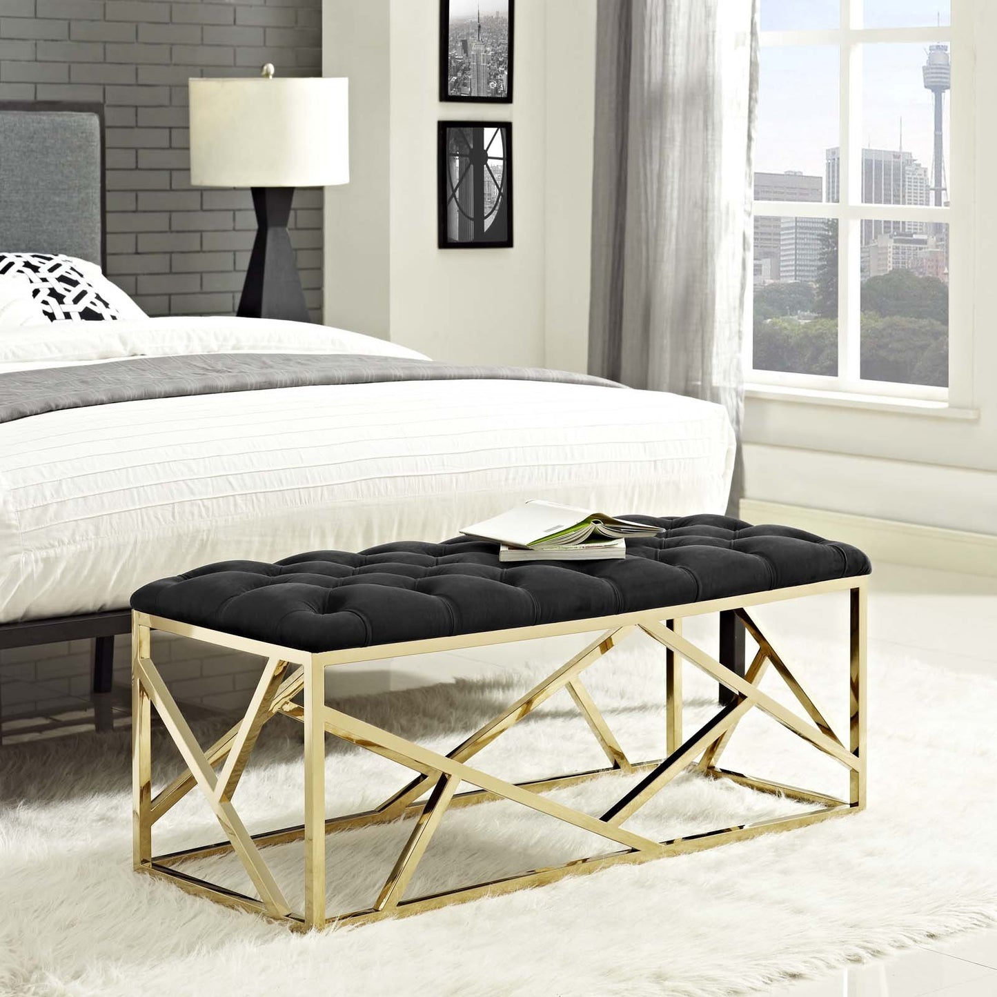 Modway intersperse Button-Tufted Contemporary Modern with Metallic Frame, Bench, Silver Gray