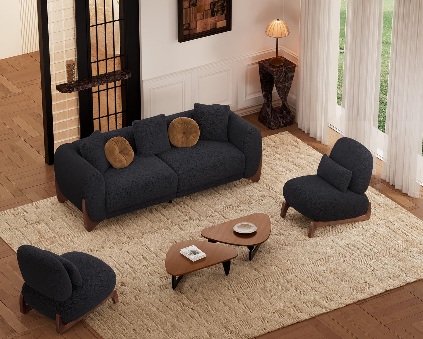 Morden Fort Modern Cloud Couch - 3 Seater Sherpa Boucle Sofa with Wood Legs, Ultra-Thick High Resilience Cushion with 3 Matching Pillows Upholstered Comfy Couch Sofa for Living Room - Off White