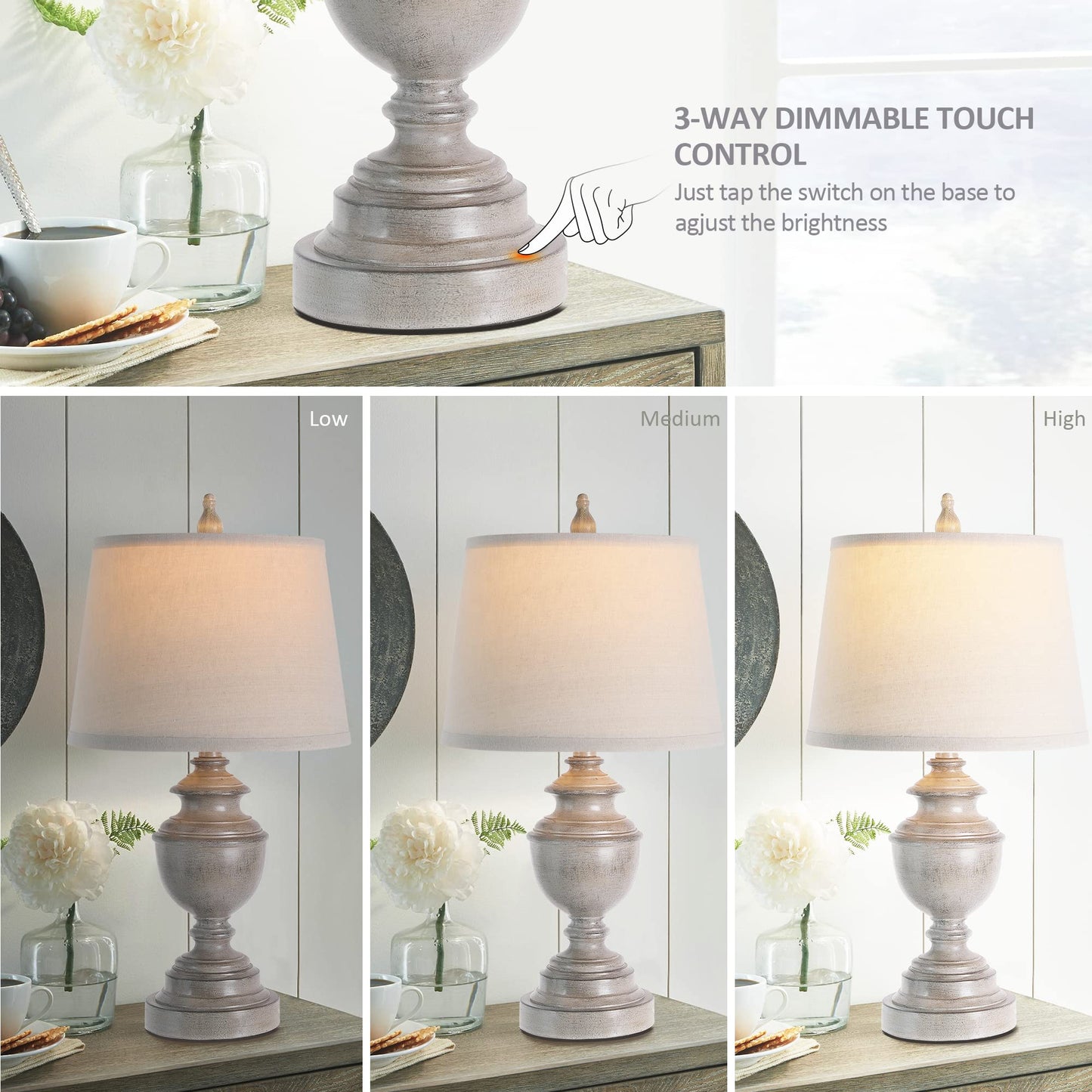 CeramicTable Lamps Set of 2 Lamps for Bedroom Living Room Office 26" Rotary Coastal Bedside Lamp for Nightstand with 2 USB Ports 3-Colors