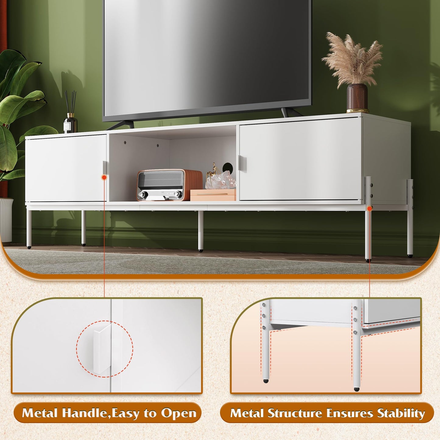 WLIVE Modern TV Stand for 65 Inch TV, Mid Century Entainment Center with Storage Cabinets, TV Console for Bedroom and Living Room, TV Cabinet with Metal Legs, White