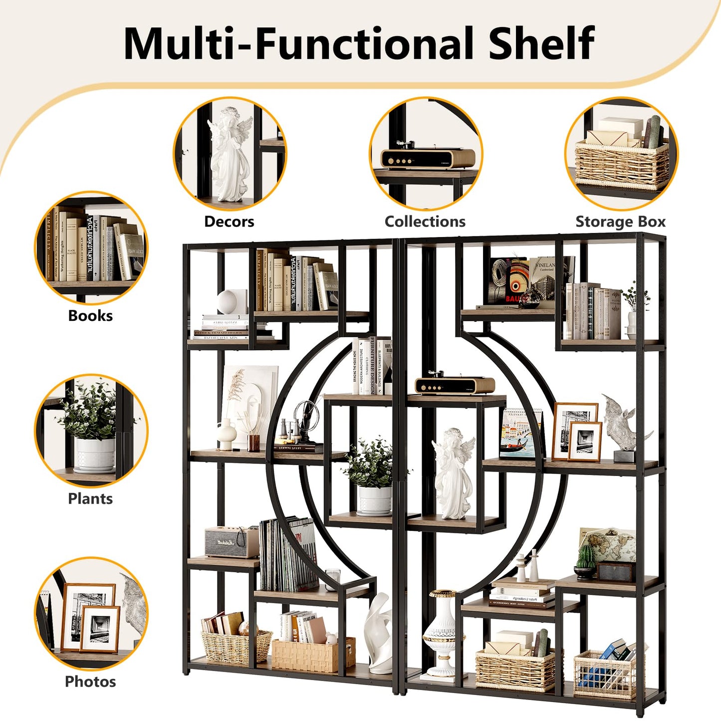 70.8" Tall Bookshelf Set of 2, 79" Wide Geometric Display Shelf with 18 Open Storage Shelves, Scratch-Resistant Gray Wash & Metal Frame, for Living Room, Office, Bedroom – Anti-Tip & Adjustable Feet