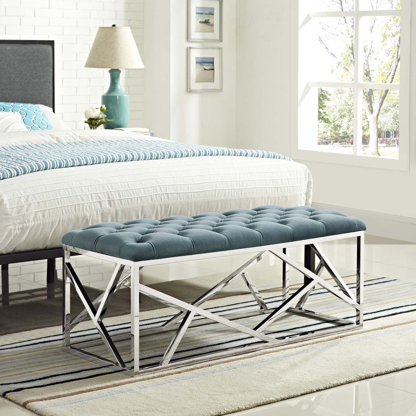Modway intersperse Button-Tufted Contemporary Modern with Metallic Frame, Bench, Silver Gray