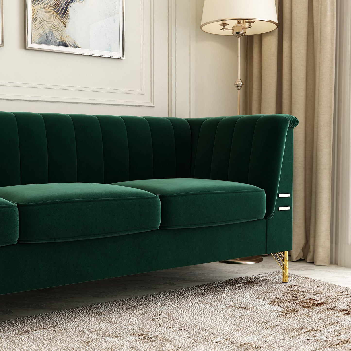 85.63" Velvet Sofa,Modern Loveseat Couch with Pillows Set of 2 for Living Room,Bedroom,Apartment Furniture with Gold Metal Legs (Green)