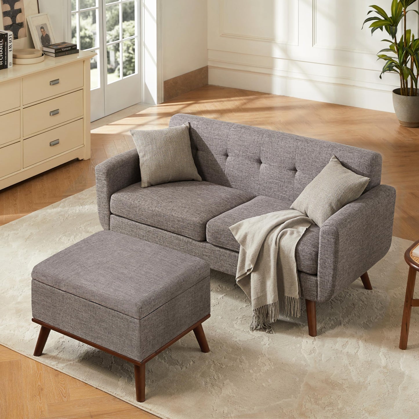 Tbfit 65" W Loveseat Sofa, Mid Century Modern Love Seat Couches for Living Room, Button Tufted Upholstered Small Couch for Bedroom, Solid and Easy to Install Love Seats Furniture, Grey
