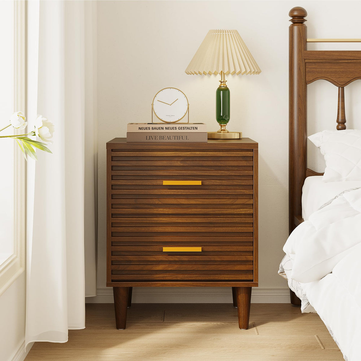 Alohappy Nightstands Set of 2, Mid Century Modern Night Stands, Fluted Bedside Table for Bedroom, Side End Table with Storage Drawers, Vintage Wood Accent Table for Living Room, Brown 2pcs