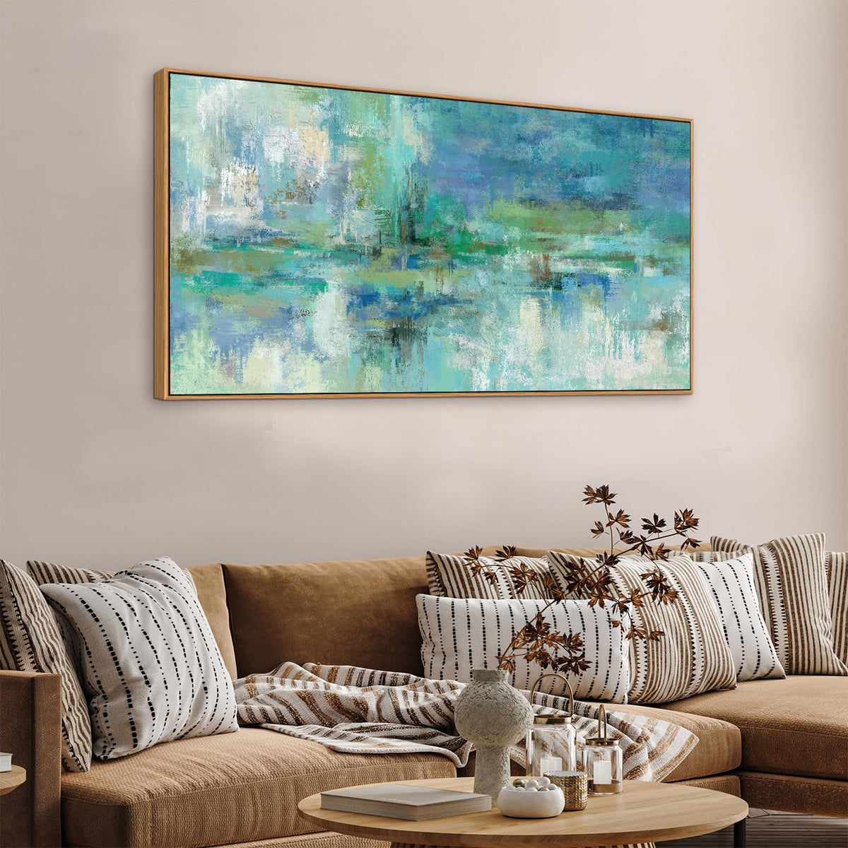 VEAEE Teal Framed Abstract Wall Art - Turquoise Green Colorful Modern Canvas Pictures, Living Room Wall Decor, Contemporary Landscape Painting Prints for Bedroom Bathroom Office Decor 20" x 40"