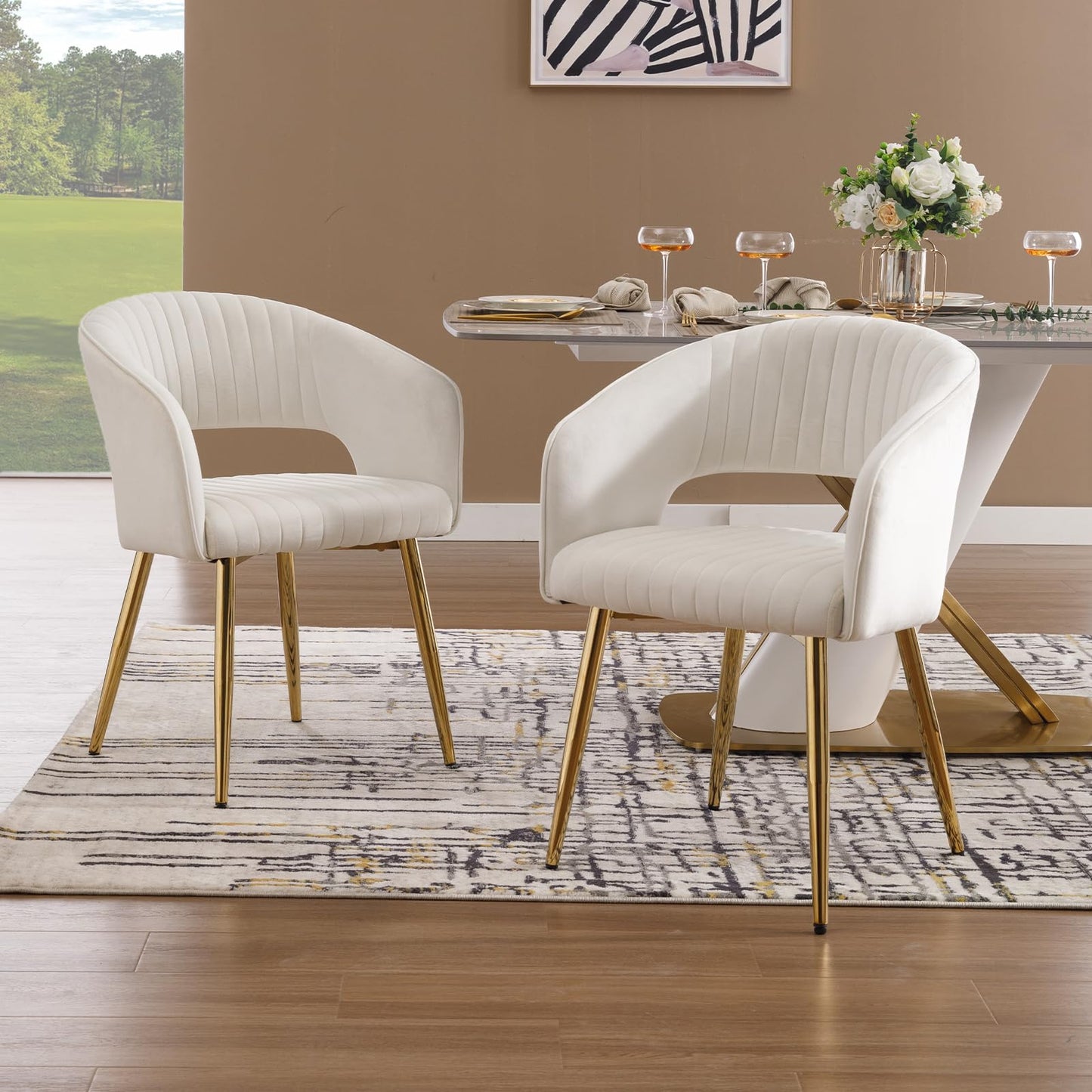 Modern Velvet Dining Chairs Set of 2, Upholstered Gold Dining Chairs with Hollow Back, Dining Room Chairs with Gold Legs, Accent Armrest Kitchen Chairs for Living Room Reception Teal Blue