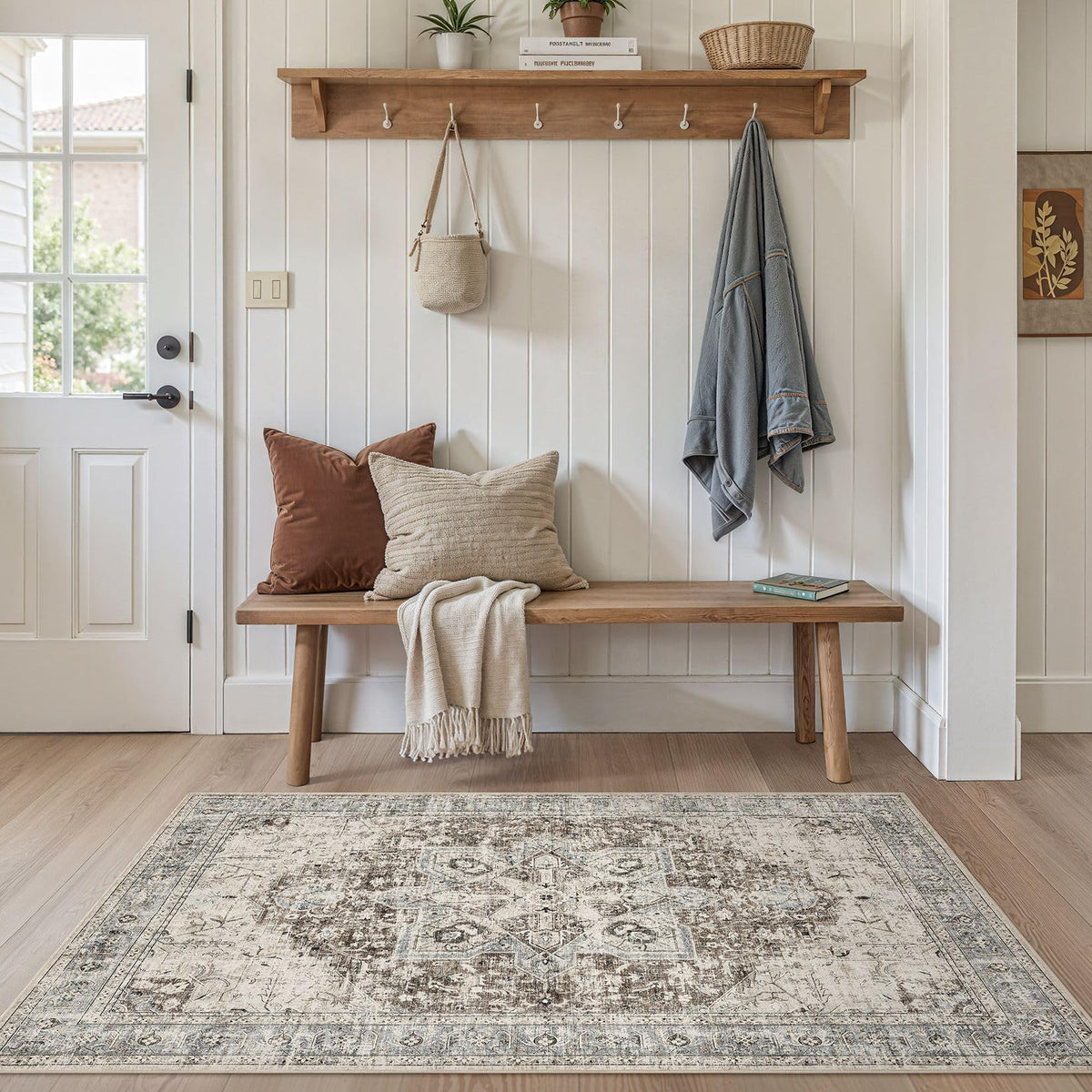 Tortania Area Rug Living Room Rugs - 9x12 Washable Boho Rug Vintage Oriental Distressed Farmhouse Large Thin Indoor Carpet for Living Room Bedroom Under Dining Table Home Office - Salmon/Azure