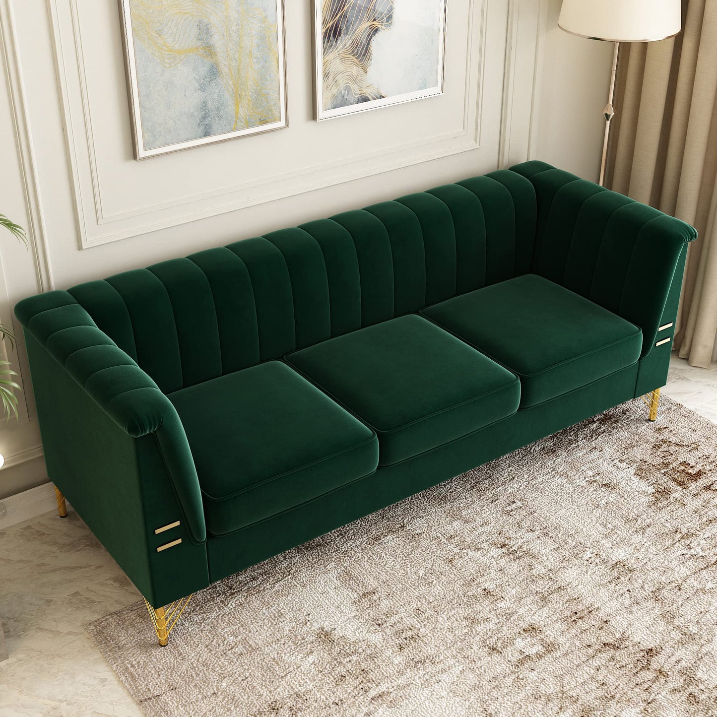 85.63" Velvet Sofa,Modern Loveseat Couch with Pillows Set of 2 for Living Room,Bedroom,Apartment Furniture with Gold Metal Legs (Green)