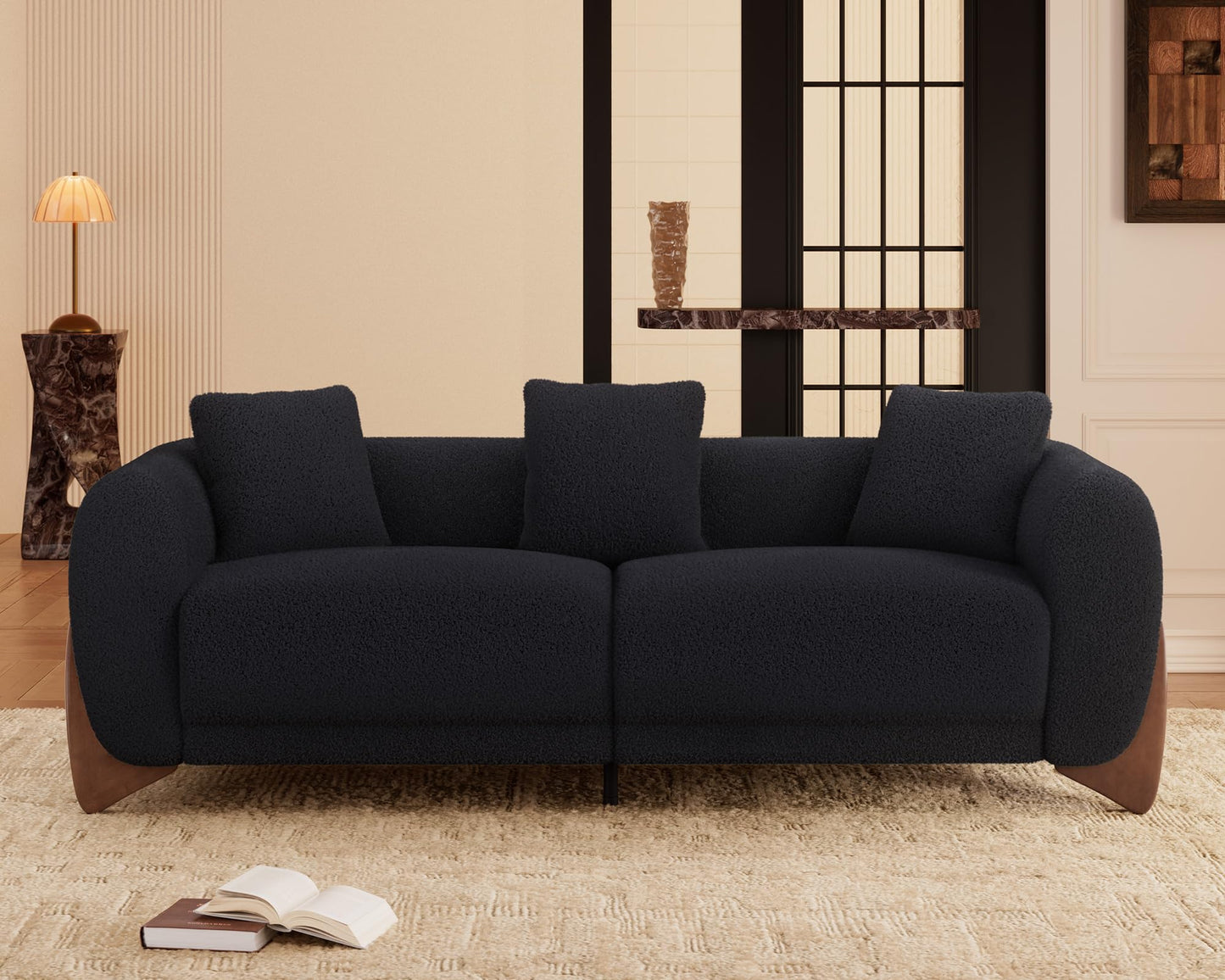 Morden Fort Modern Cloud Couch - 3 Seater Sherpa Boucle Sofa with Wood Legs, Ultra-Thick High Resilience Cushion with 3 Matching Pillows Upholstered Comfy Couch Sofa for Living Room - Off White