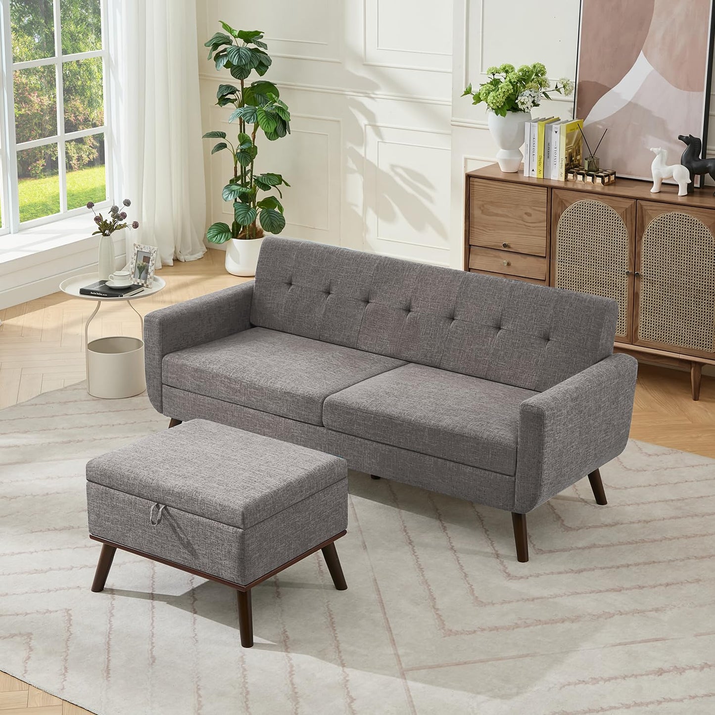Tbfit 65" W Loveseat Sofa, Mid Century Modern Love Seat Couches for Living Room, Button Tufted Upholstered Small Couch for Bedroom, Solid and Easy to Install Love Seats Furniture, Grey