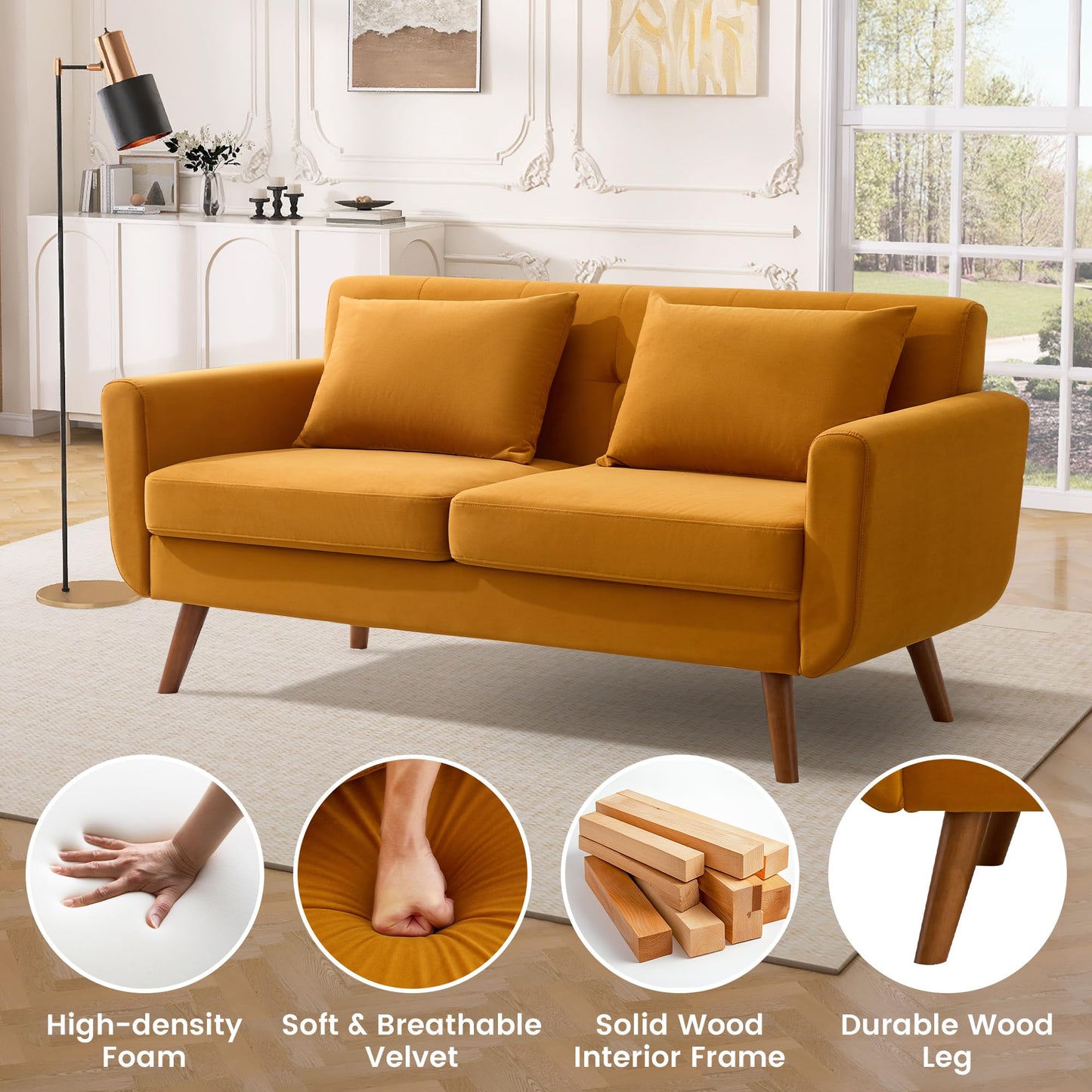 Tbfit 65" W Loveseat Sofa, Mid Century Modern Love Seat Couches for Living Room, Button Tufted Upholstered Small Couch for Bedroom, Solid and Easy to Install Love Seats Furniture, Grey