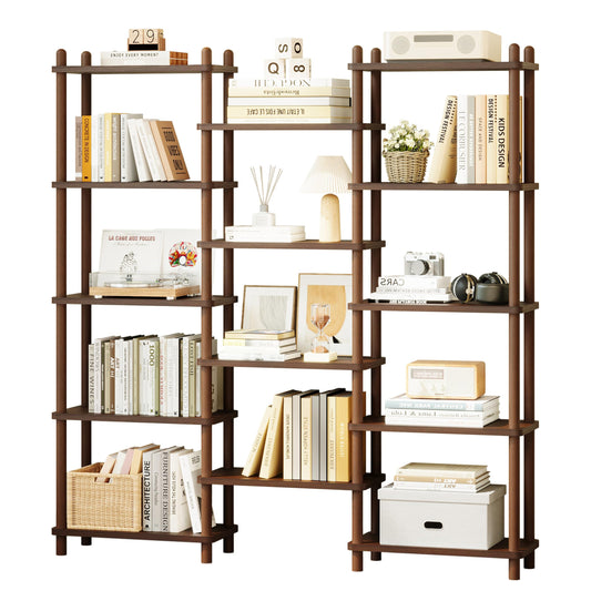 IOTXY Wooden Triple Wide Bookshelf - 5-Tier Large Shelf Bookcase with Solid Beech Frame, Tall Freestanding Open Etagere Display Rack for Home Office, Walnut