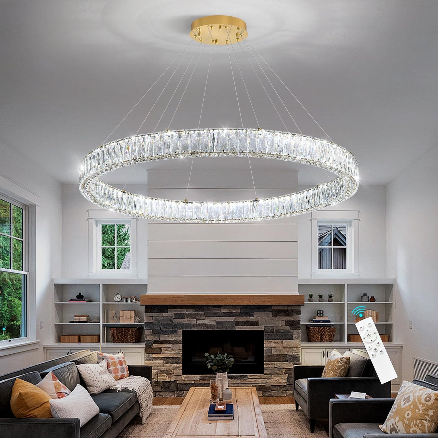 Modern Crystal Chandelier Dimmable LED Ring Pendant Lights Adjustable Glam Chandeliers Lighting Fixtures for Dining Room Living Room Bedroom Silver Light